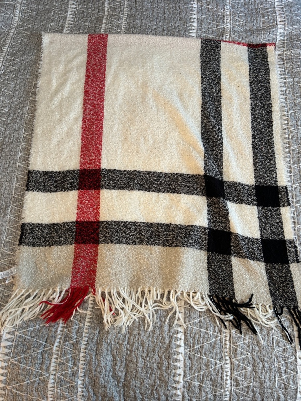 American Eagle Outfitters Cream & Black Textured Knit Scarf with Fringe